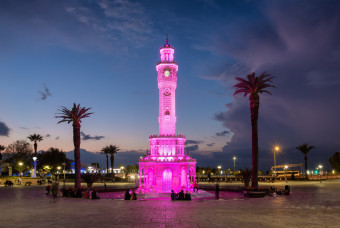 Город Измир вид на розовые часы и пальмы